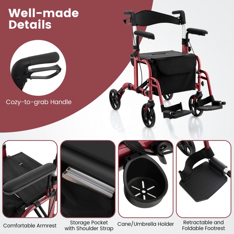 Folding rollator walker in red with adjustable height, storage pocket, and comfortable armrests for versatile mobility.