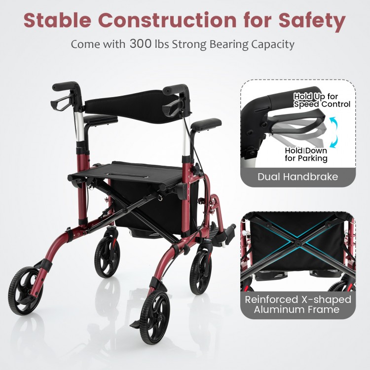Folding rollator walker in red with seat, dual hand brakes, and 300 lbs capacity for versatile mobility support.