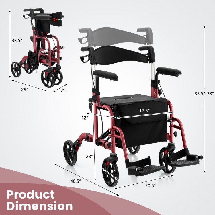 Folding rollator walker in red with adjustable height, seat, and 8" wheels for versatile mobility and comfort.