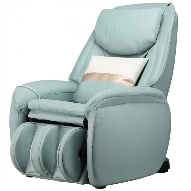 Pale turquoise Soothe 26 massage chair with ergonomic SL track, calf airbags, and a throw pillow for ultimate.