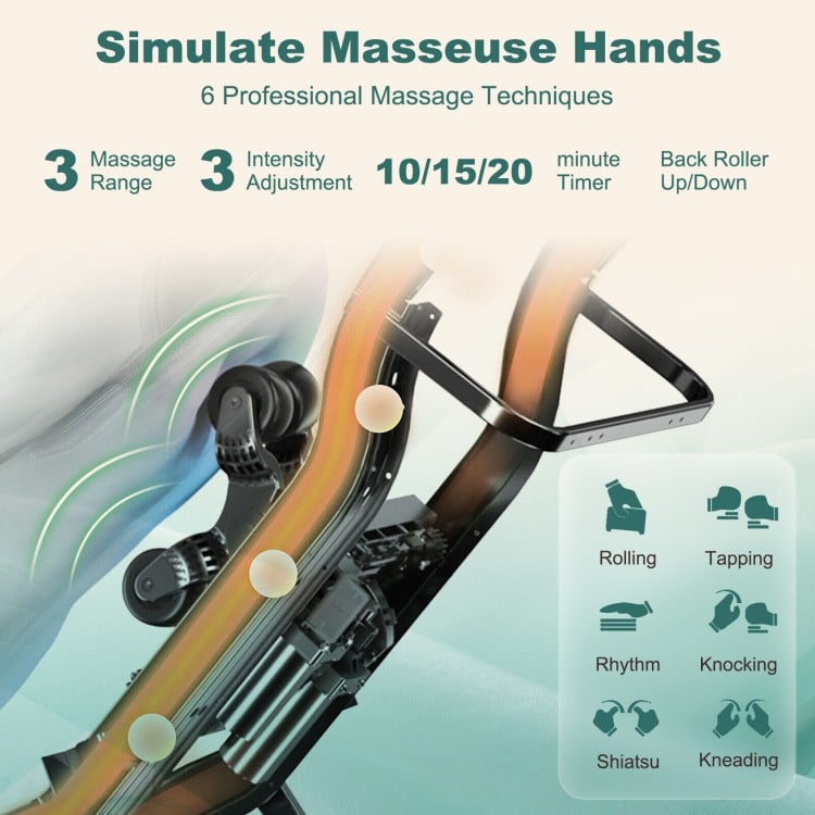 Full body zero gravity massage chair in pale turquoise, featuring adjustable intensity and 6 massage techniques for.