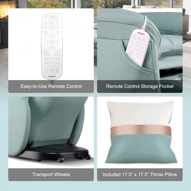 Close-up of the Soothe 26 massage chair's remote control storage pocket and transport wheels in pale turquoise.