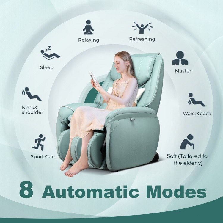Full body zero gravity massage chair in pale turquoise with 8 automatic modes for ultimate relaxation and comfort.
