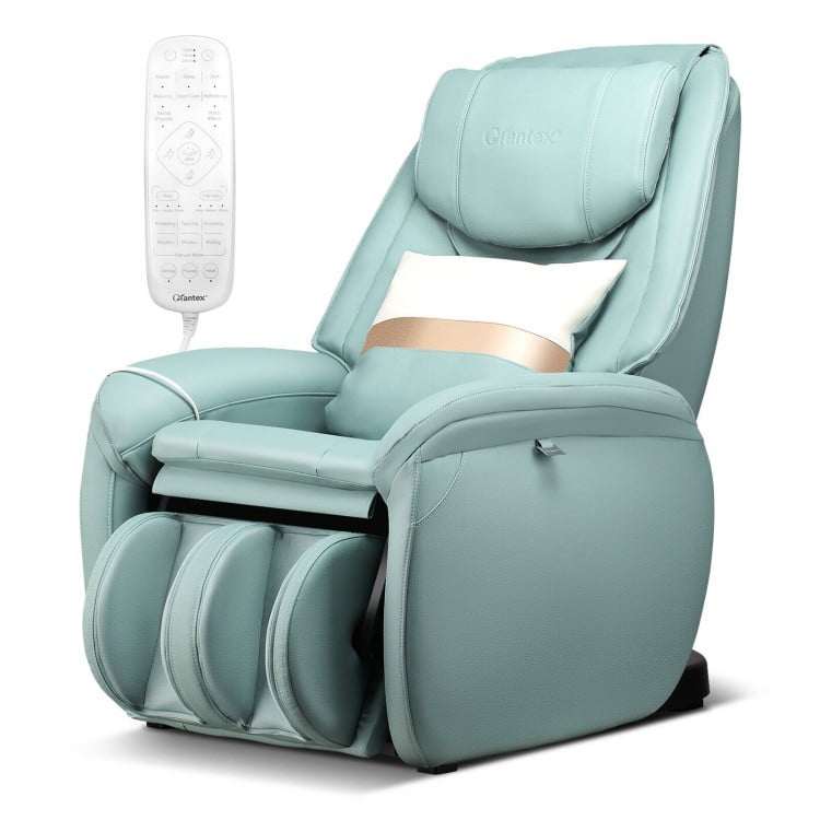 Pale turquoise Soothe 26 massage chair with remote, featuring zero gravity positions and ergonomic SL track for full.