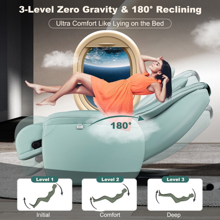 Full body zero gravity massage chair in pale turquoise, featuring 180° reclining and ergonomic SL track for comfort.