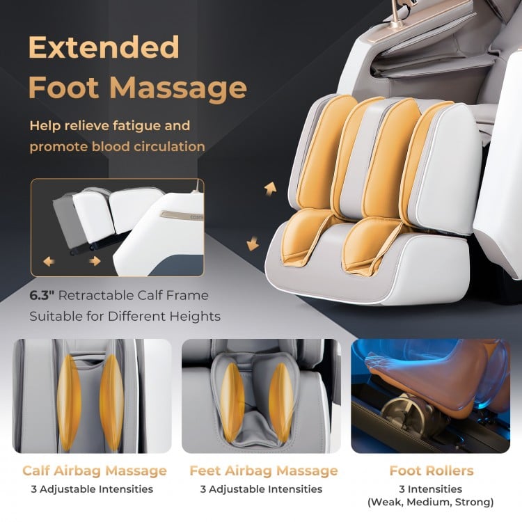 Foot massage feature of the Relaxation 29 massage chair, showcasing adjustable intensities and calf frame for comfort.