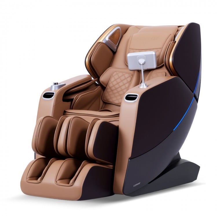 4D Full Body Massage Chair in brown with zero gravity design, featuring airbags and LCD touch screen for ultimate.