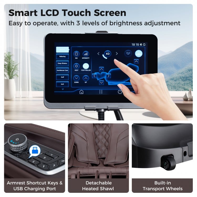 Smart LCD touch screen of the Enjoyment 13 Pro massage chair with adjustable brightness for easy operation.