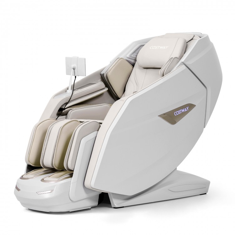 Zero gravity full body massage chair in white with 42 airbags, heart rate monitor, and customizable massage programs.