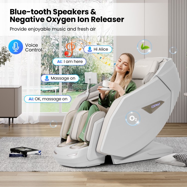 4D Dual Roller System massage chair in white with Bluetooth speakers and oxygen ion releaser for relaxation and health.