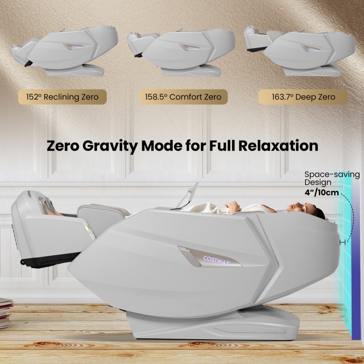 Zero gravity full body massage chair in white, featuring a 4D dual roller system and 42 airbags for customized.
