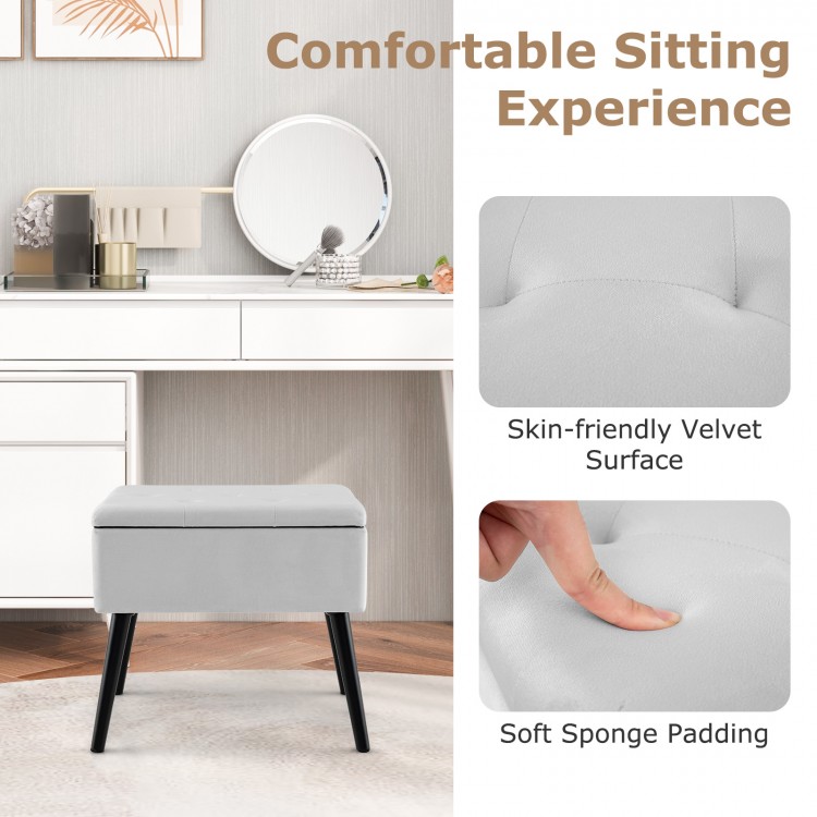 Gray velvet storage ottoman with solid wood legs, featuring a soft sponge padding and easy-opening hinged lid for.
