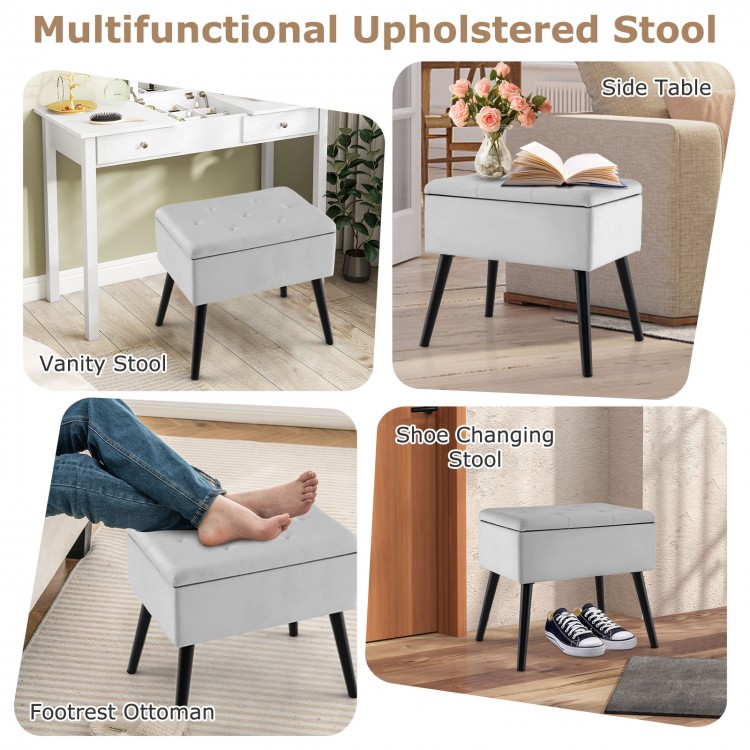 Gray velvet storage ottoman with solid wood legs, multifunctional for seating, storage, or as a footrest.