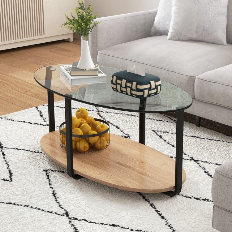 2-Tier Glass-Top Oval Coffee Table with Wooden Shelf for Living Room - Gallery View 1 of 10