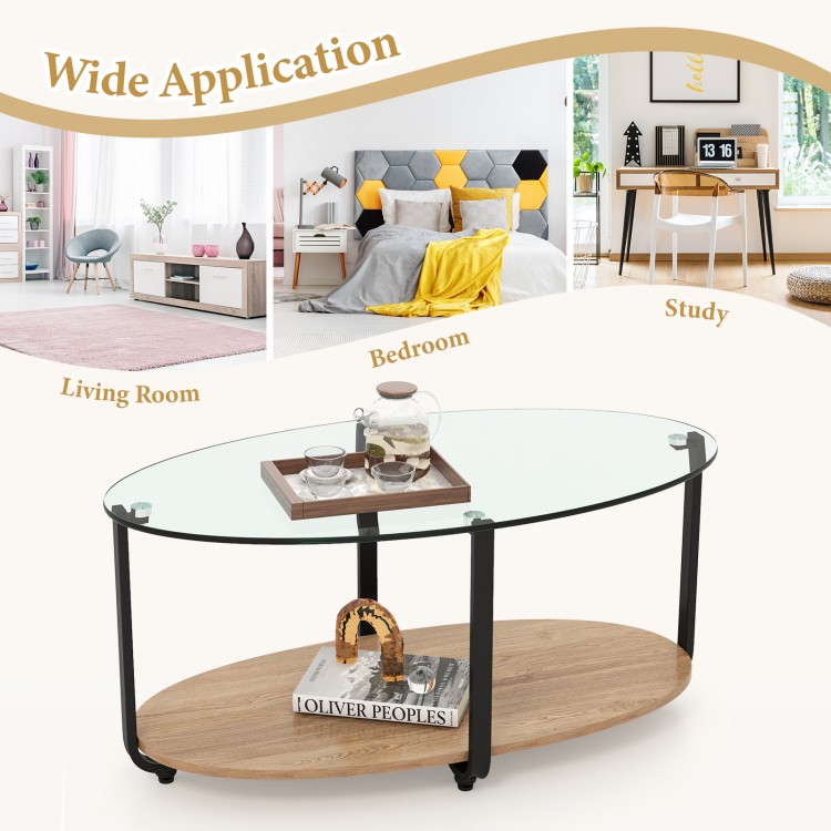 Oval coffee table with tempered glass top and wooden shelf, ideal for living room, study, or bedroom decor.