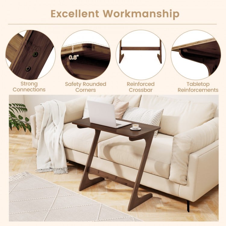 Z-shaped bamboo side table in brown with spacious tabletop, ideal for snacks and laptops, featuring safety rounded.
