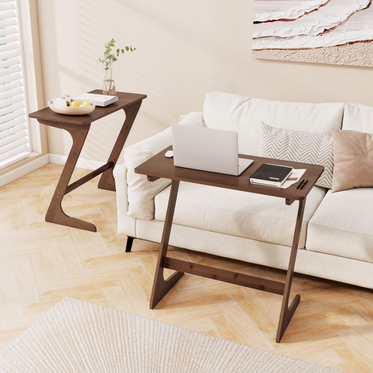 Z-shaped brown bamboo side table with spacious tabletop, ideal for snacks and laptops in small living spaces.