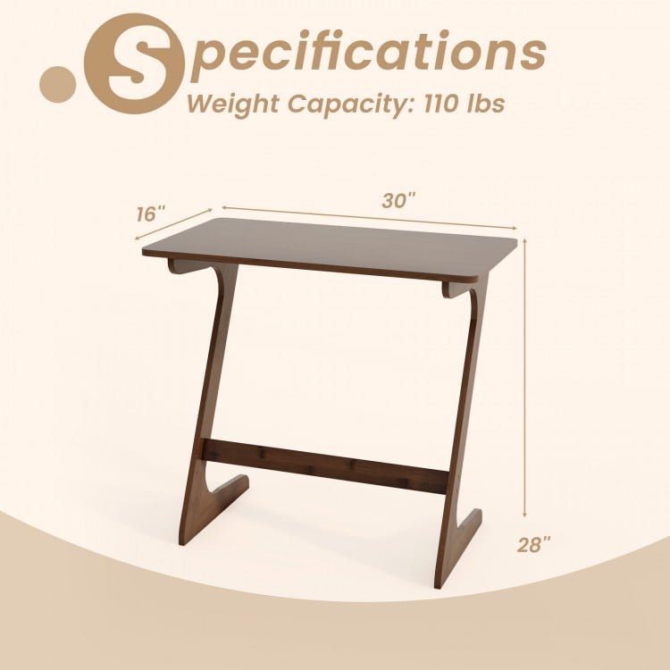 Bamboo Z-shaped side table in brown, 30" wide, 28" tall, ideal for small spaces, supports up to 110 lbs.