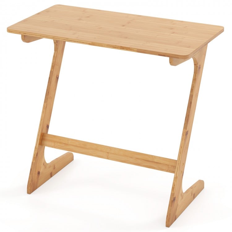 Bamboo Z-shaped side table with spacious tabletop, ideal for small spaces, supporting up to 110 lbs, natural finish.