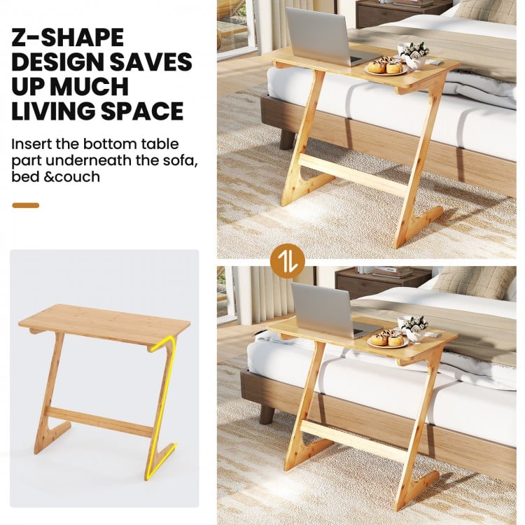 Bamboo Z-shaped side table with spacious tabletop, ideal for small rooms, supporting up to 110 lbs for versatile use.