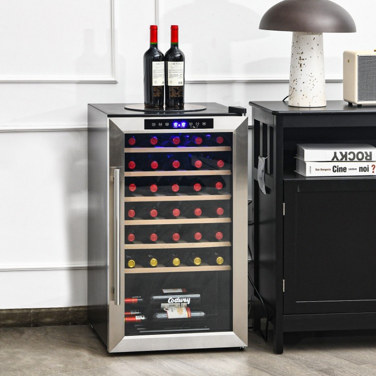 20-inch wine refrigerator with tempered glass door, holds 33 bottles, features LED control panel and stainless steel.