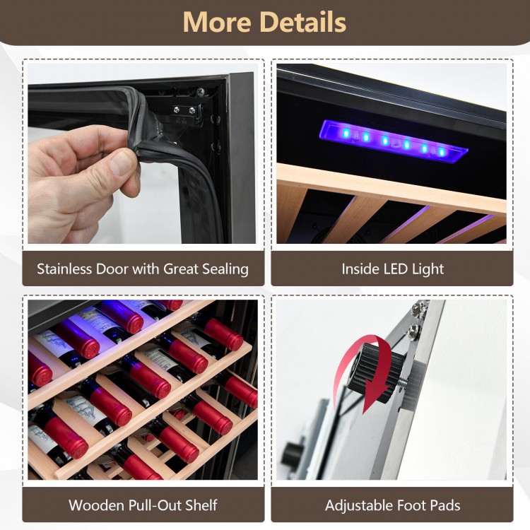 Close-up of the stainless steel door and LED light of the 20-inch wine refrigerator for 33 bottles, showcasing its.