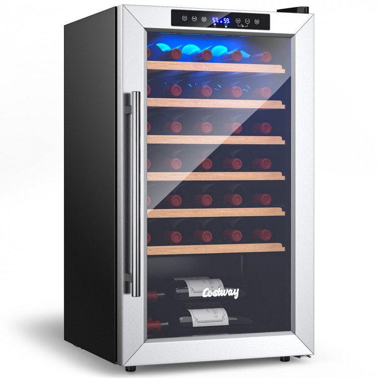 20-inch wine refrigerator with tempered glass door, holds 33 bottles, features adjustable wooden shelves and LED.