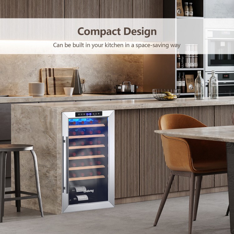 20-inch wine refrigerator with tempered glass door, holds 33 bottles, designed for compact kitchen spaces.