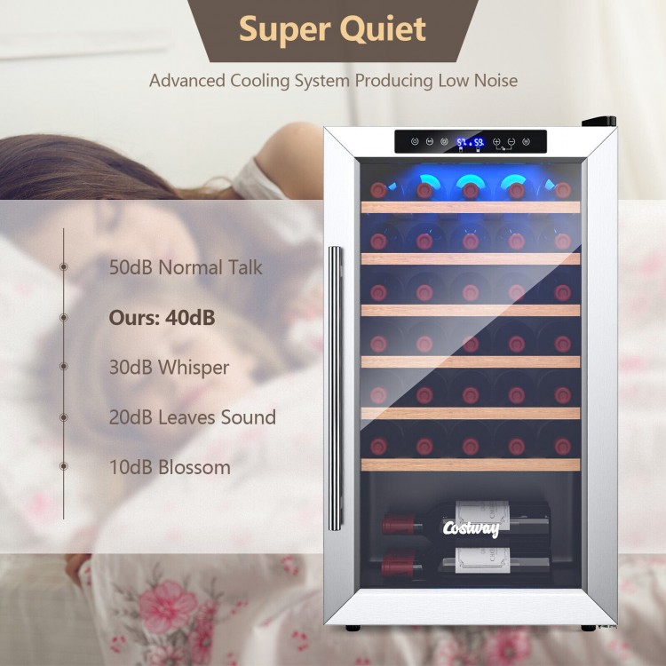 20-inch silver wine refrigerator with tempered glass door, holds 33 bottles, operates quietly at 40dB for optimal.