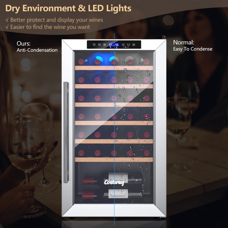 20-inch wine refrigerator with tempered glass door, holding 33 bottles, featuring LED lights and anti-condensation.