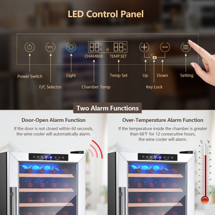 LED control panel of the 20-inch wine refrigerator with alarm functions and temperature settings for optimal wine.