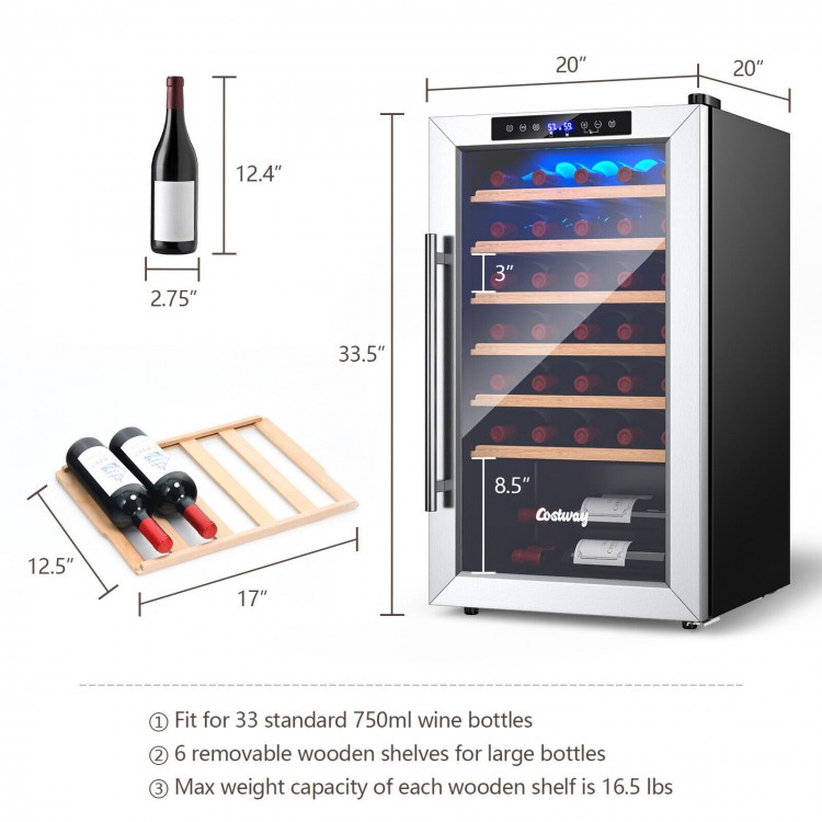 20-inch wine refrigerator with tempered glass door, holds 33 bottles, features 6 removable wooden shelves for.