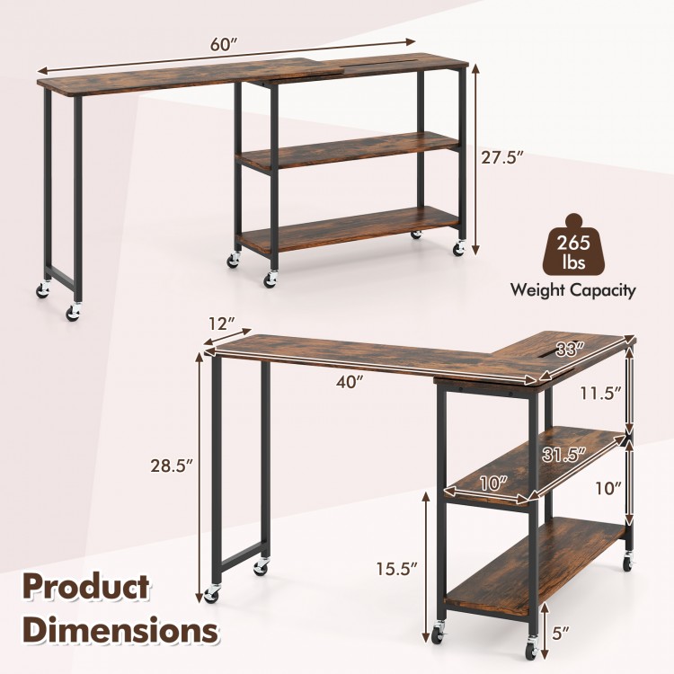 Large 360-degree rotating sofa side table in rustic brown with wheels and two open shelves for versatile storage.