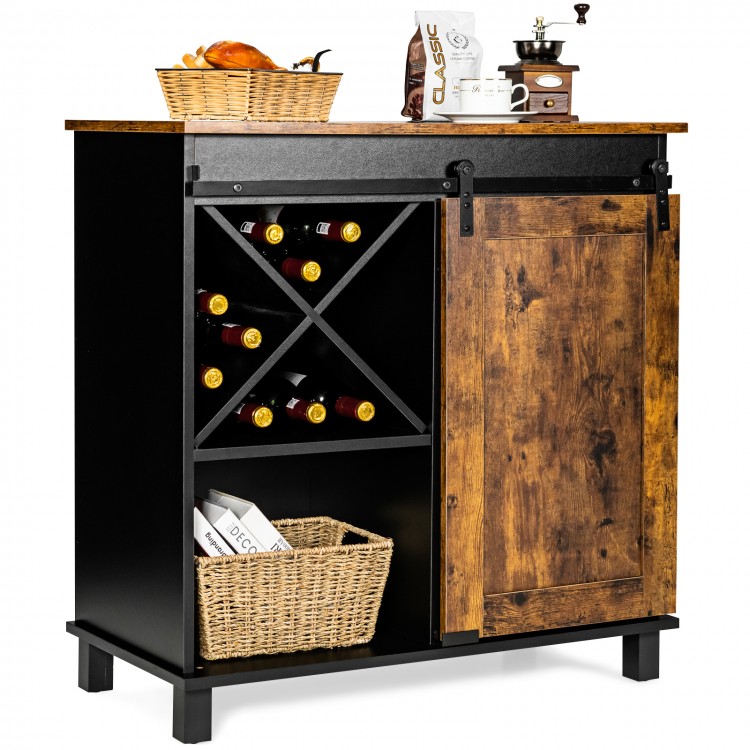 Side view of the industrial storage cabinet with rustic brown finish, showcasing the wine bottle organizer and spacious.