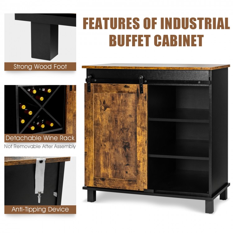 Industrial storage cabinet with sliding barn door, rustic brown finish, featuring wine rack and ample storage for.
