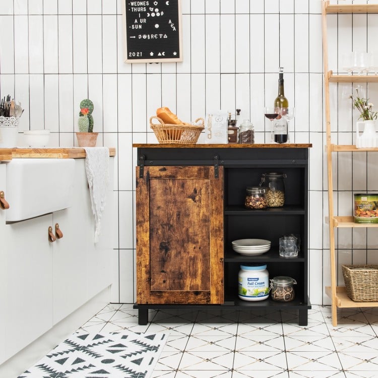 Industrial storage cabinet with sliding barn door in rustic brown, featuring 3-tier shelves and wine bottle organizer.