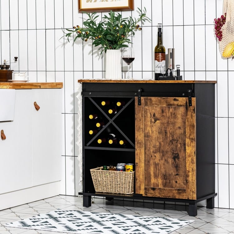 Industrial storage cabinet with rustic brown finish, sliding barn door, wine rack, and ample storage for kitchen or.