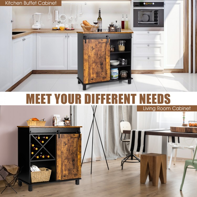 Industrial storage cabinet with sliding barn door in rustic brown, featuring 3-tier shelves and wine bottle organizer.