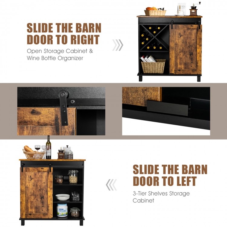 Close-up view of the sliding barn door on the rustic brown industrial storage cabinet, showcasing its unique design and.