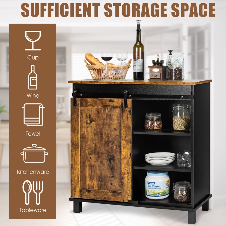 Industrial storage cabinet with sliding barn door, rustic brown finish, featuring 3-tier shelves and wine bottle.