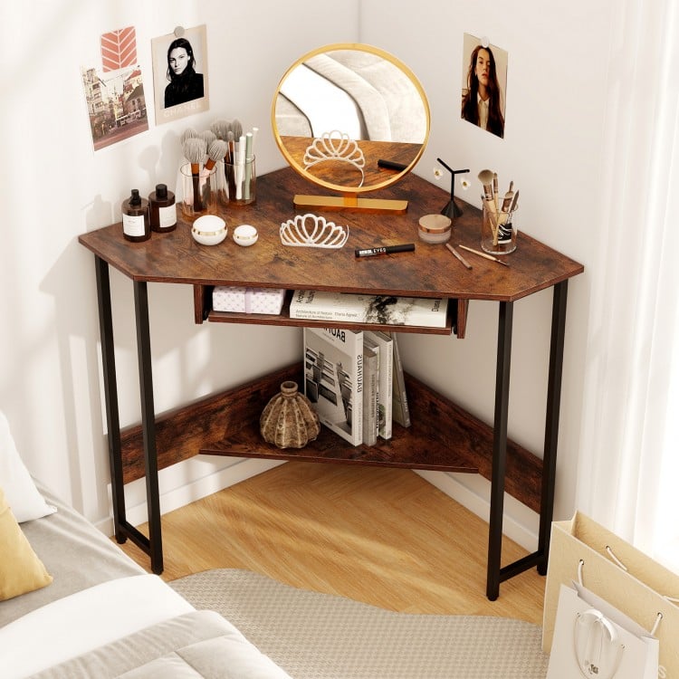 Triangle corner desk in rustic brown showcasing a spacious top surface, perfect for potted plants and decorative items.
