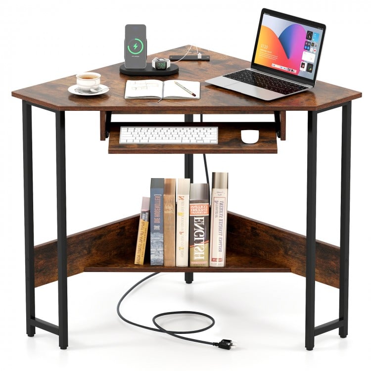 Triangle corner desk in rustic brown with charging station, keyboard tray, and storage shelf for versatile workspace.