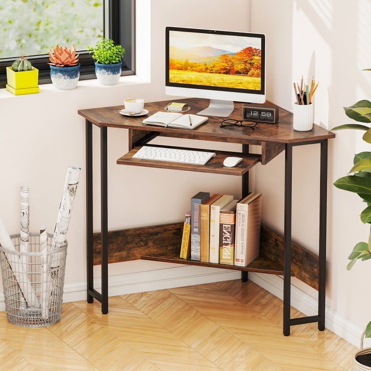 Triangle corner desk in rustic brown with a spacious top surface, perfect for laptops and decorative items in any room.
