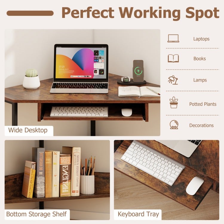 Triangle corner desk in rustic brown with charging station, keyboard tray, and bottom storage shelf for versatile.