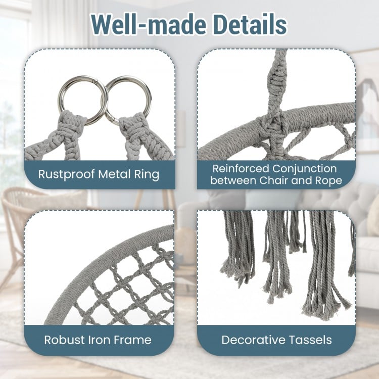 Close-up of the 2-person hammock chair's rustproof metal ring and decorative tassels, showcasing its sturdy macrame.