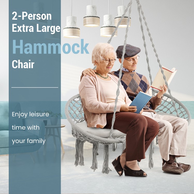 Extra large 2-person hammock chair in gray with soft cushion, perfect for relaxing together indoors or outdoors.