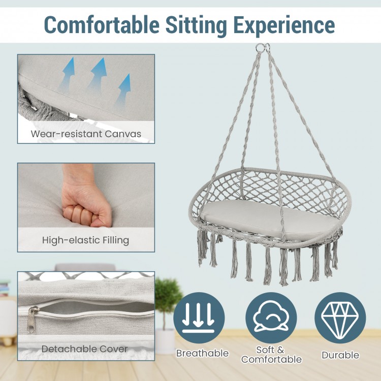 Gray 2-person macrame hammock chair with soft cushion, featuring a sturdy frame and breathable design for ultimate.