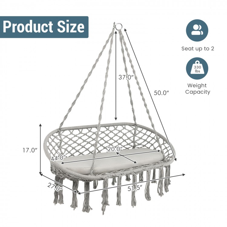 Gray 2-person macrame hammock chair with cushion, featuring a sturdy design and high weight capacity for ultimate.