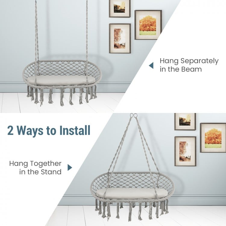 Gray 2-person macrame hammock chair with cushion, showcasing two installation methods for versatile use indoors or.