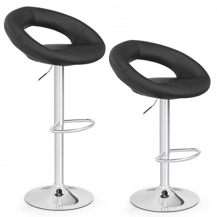 Height adjustable black bar stools set of 2 with hollow back, footrest, and 360-degree swivel for versatile seating.
